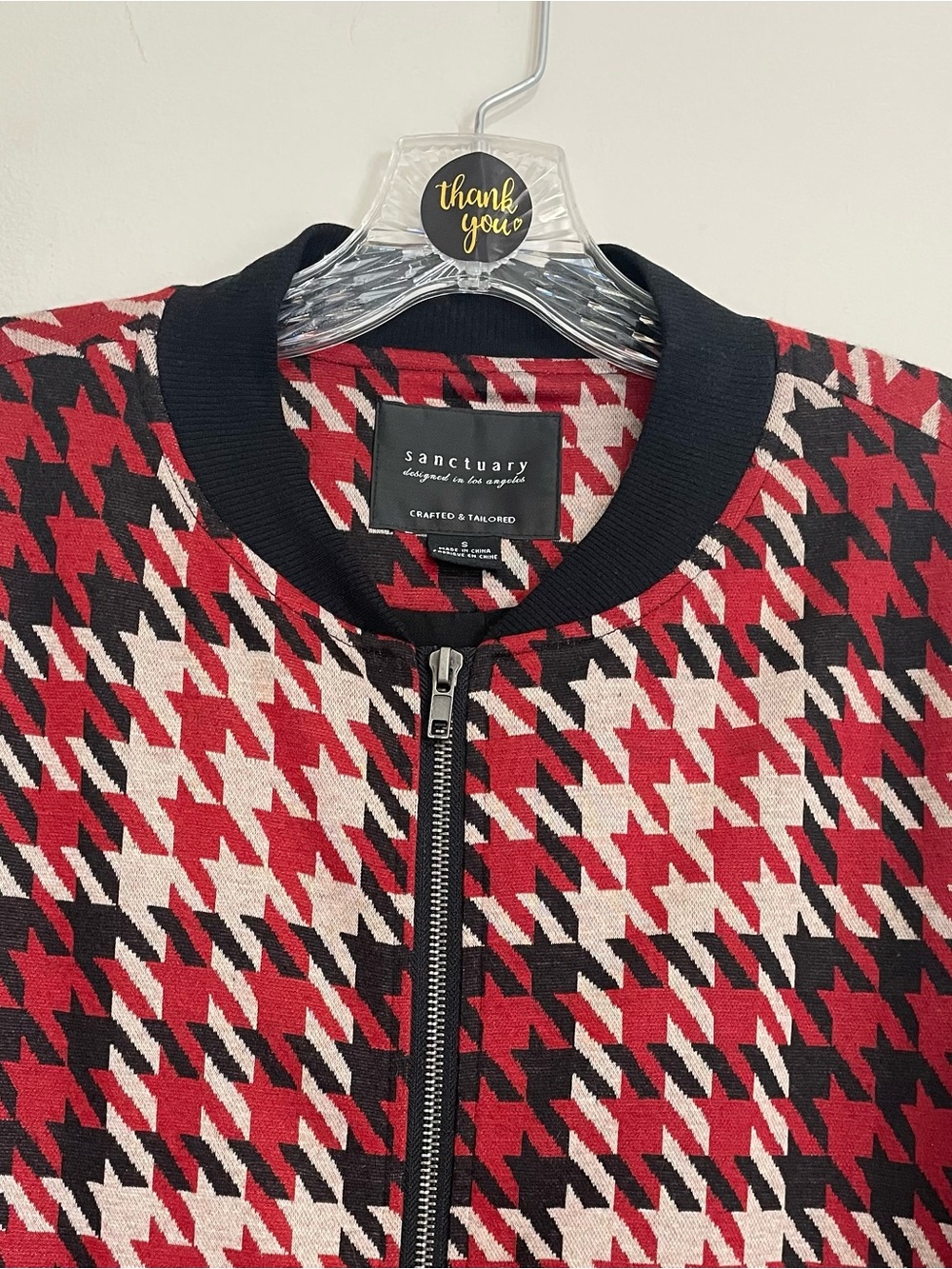 Sanctuary -Red Houndstooth Zip-Front Sweater Jacket ~ Size Small- Office - Picture 3 of 11